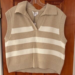 Velvet by Graham & Spencer Tan and White V-Neck Sweater Vest